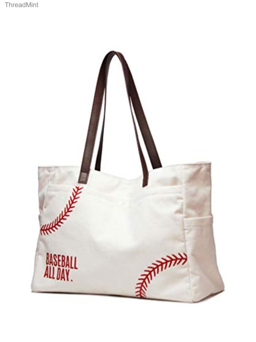 Canvas Tote Bag Baseball Mom Sports Bag Large Faux Leather Handles